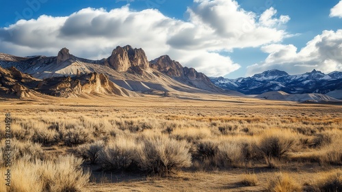 Desert landscape, sunlit mountains, shrubland foreground photo