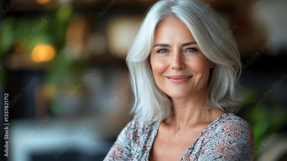 Obraz premium Portrait of a mature woman with shoulder length gray hair, wearing a patterned top, smiling gently. Soft lighting, blurred background.
