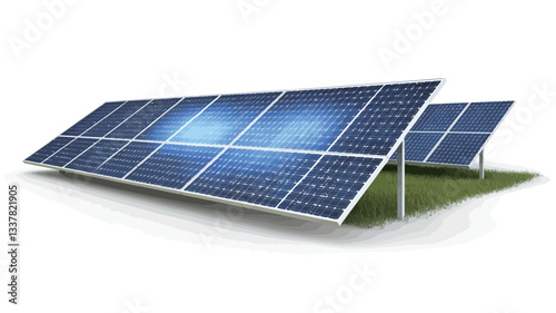 A 3D rendering depicts a solar panel array positioned on a small patch of green grass against a white background.  The panels are angled slightly upward, and a bright, almost glowing effect is