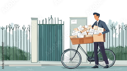 The illustration depicts a man in a business suit carrying a large quantity of documents in a bicycle basket. He is walking alongside a bicycle. The background includes a simple depiction of a
