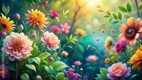 Serene Botanical Illustration: Delicate Floral Panorama in Nature