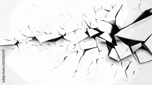 High-contrast monochrome image depicting an abstract texture of cracks radiating from a central point across a white background.  The cracks are irregular and jagged, varying in width and depth,