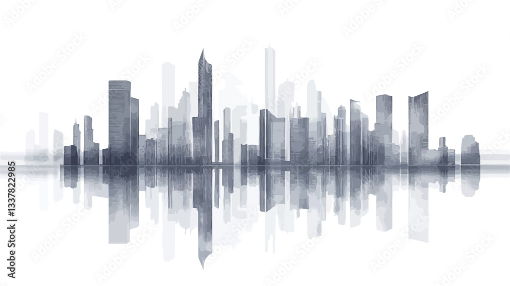 Fototapeta premium The image is a stylized grayscale illustration of a city skyline reflected in water. The buildings are depicted in varying heights and widths, creating an abstract representation of an urban