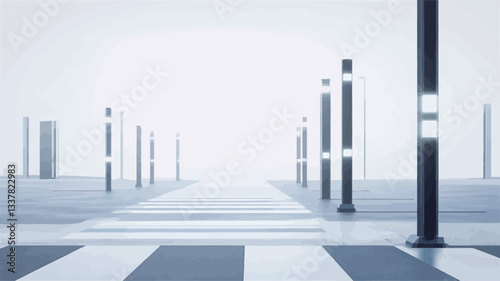 The image depicts a minimalist rendering of a pedestrian crossing. The scene is dominated by a stark white and gray color palette. A crosswalk, rendered in black and white stripes, is centrally