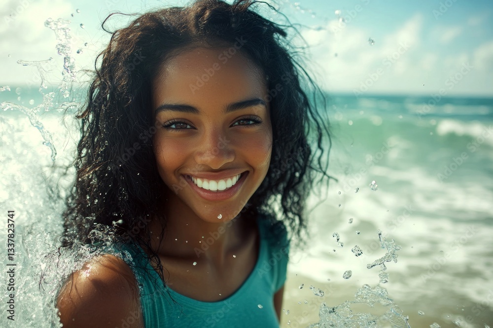 Obraz premium Bright Ñommercial style. Happy stress-free trip getaway visual idea art. Stunning and hot happy black young woman in green tight t-shirt enjoying turquoise sea, splashes around her.