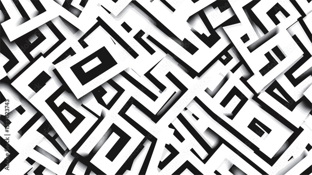 The image shows a high-resolution, digitally created abstract pattern. The pattern consists of numerous overlapping black and white geometric shapes, primarily squares and rectangles with internal The image shows a high-resolution, digitally created abstract pattern. The pattern consists of numerous overlapping black and white geometric shapes, primarily squares and rectangles with internal