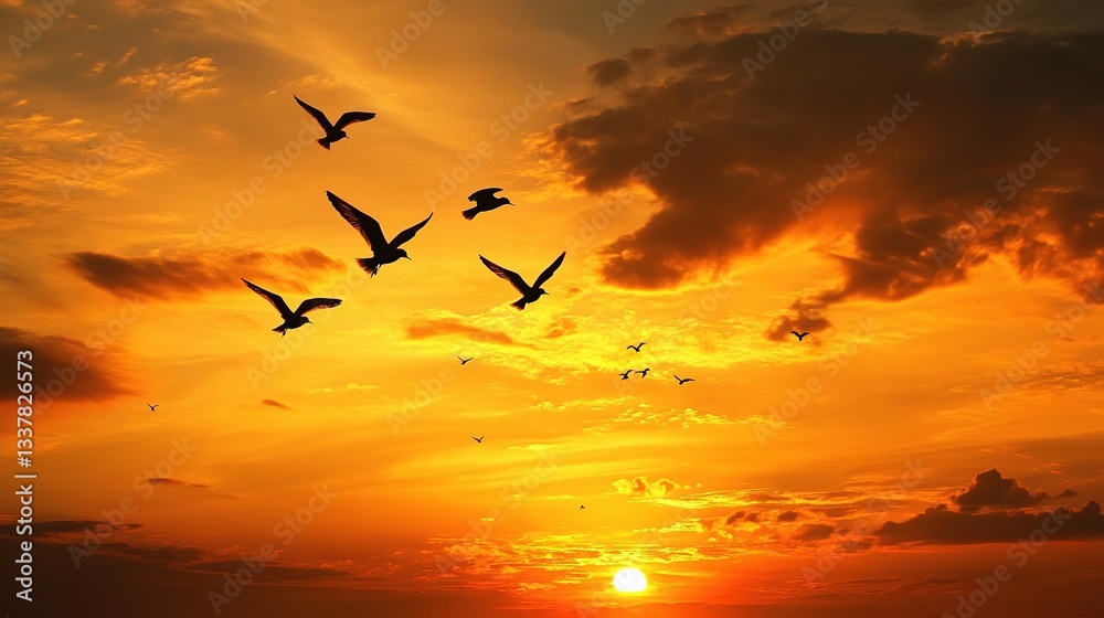 Fototapeta premium Birds Soaring Through a Golden Sunset Sky Silhouette