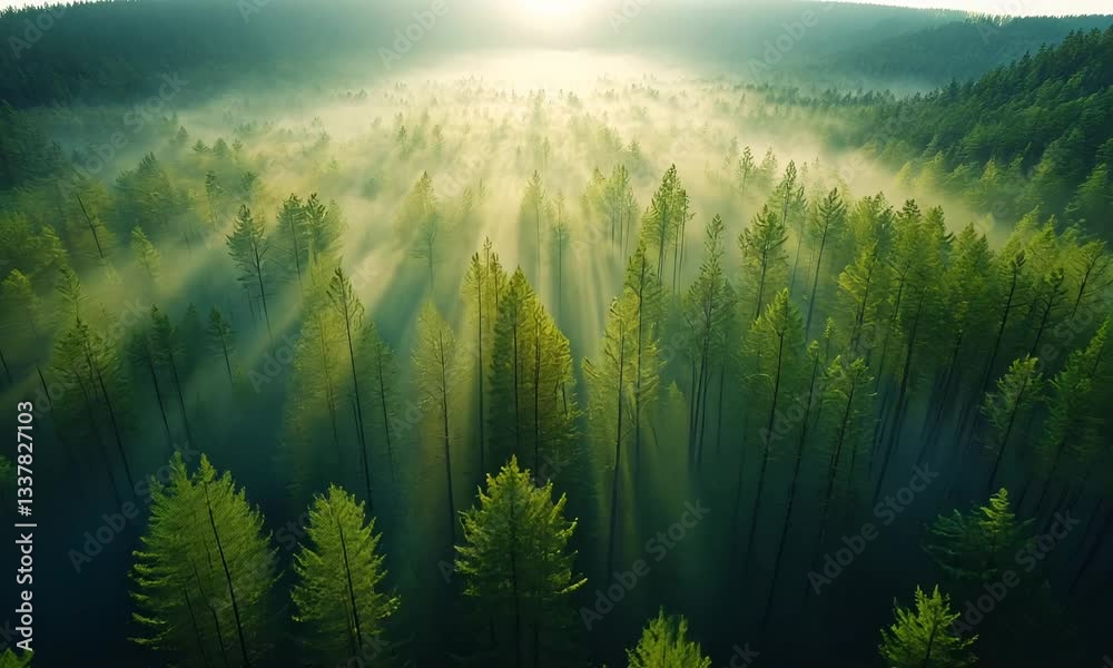 Sunlit Canopy: An aerial perspective of a vibrant forest canopy, where sunlight streams through the trees, casting a magical glow over the misty landscape. Sunlit Canopy: An aerial perspective of a vibrant forest canopy, where sunlight streams through the trees, casting a magical glow over the misty landscape.