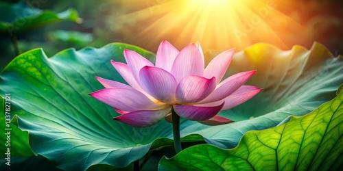 Serene Pink Lotus Flower with Lush Green Leaf -  Beautiful Aquatic Bloom