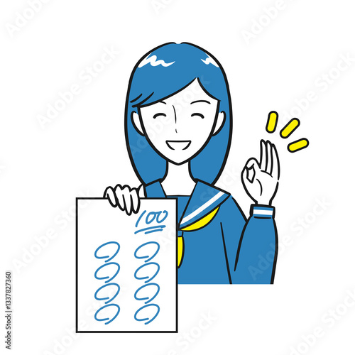 笑顔で100点を取ったテストを見せる女子学生（シンプル）