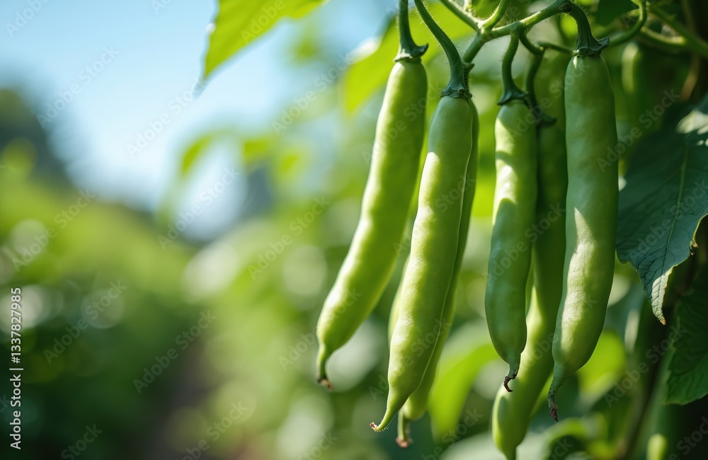 Close-up of green bean pods ripening in garden. Organic string beans grow on vine in sunlight. Cultivated vegetables, healthy food, raw harvest ingredient for cooking and healthy eating. Close-up of green bean pods ripening in garden. Organic string beans grow on vine in sunlight. Cultivated vegetables, healthy food, raw harvest ingredient for cooking and healthy eating.
