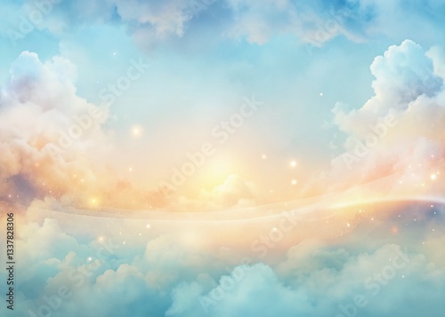 Serene Summer Banner: Pastel Watercolor Sky, Clouds, Peach & Lavender