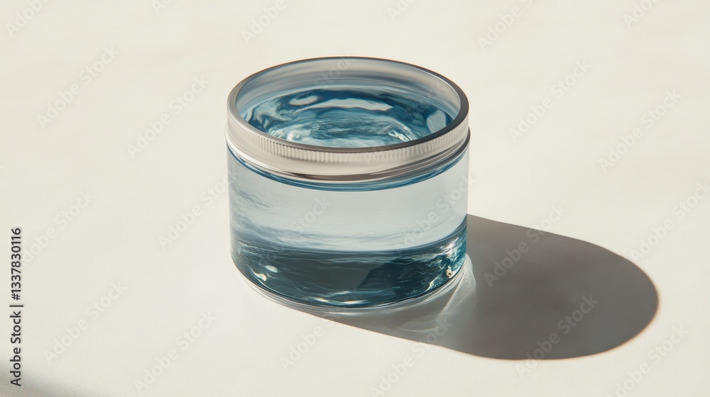 Clear Glass Jar with Water Reflection on Light Surface Clear Glass Jar with Water Reflection on Light Surface