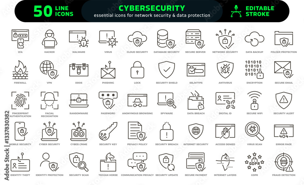 Cybersecurity and data protection icon set. Thin line editable stroke icons for network security, privacy, GDPR compliance, cyber threats, IT solutions, and secure technology Cybersecurity and data protection icon set. Thin line editable stroke icons for network security, privacy, GDPR compliance, cyber threats, IT solutions, and secure technology