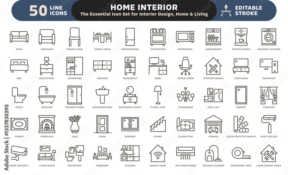 Home interior and furniture icon set. Thin line editable stroke icons for interior design, decoration, home styling, appliances, renovation, architecture