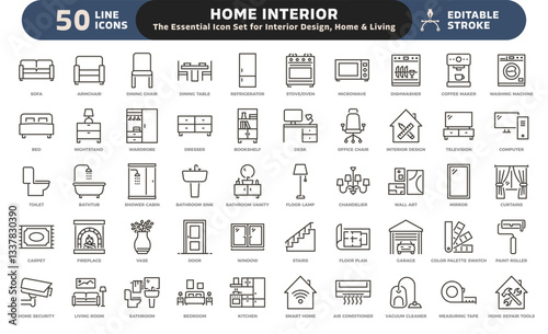 Home interior and furniture icon set. Thin line editable stroke icons for interior design, decoration, home styling, appliances, renovation, architecture