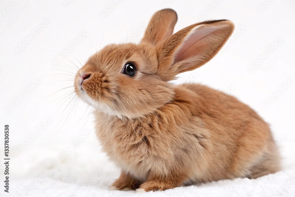 Brown Rabbit Posing on White Background with Fluffy Fur.
