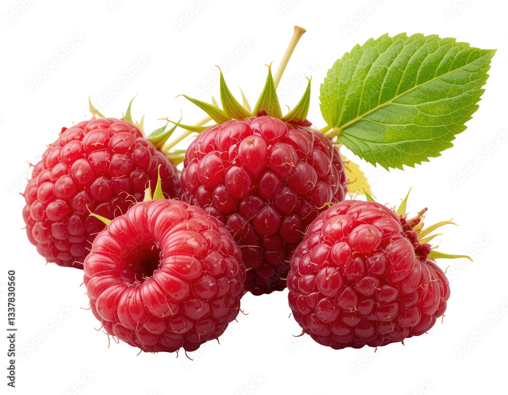 close up of raspberry with leaves isolated on transparent or white background close up of raspberry with leaves isolated on transparent or white background