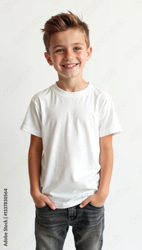 Smiling boy in white T-shirt mockup with hands in jeans pockets. Cute cheerful teenager demonstrates casual apparel, empty space for logo or brand. Joyful kid in studio on clean background.