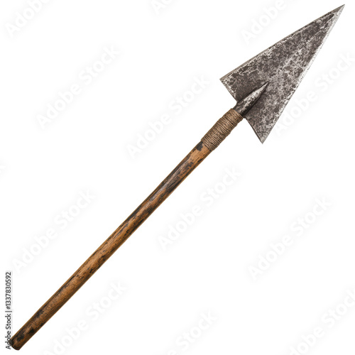 Rustic iron spearhead attached to wooden shaft on white background