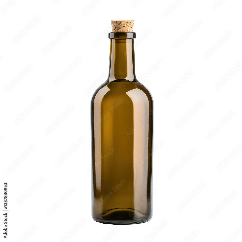 Empty brown glass bottle with cork stopper against white background