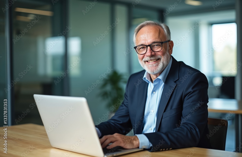 Smiling mature businessman in suit sits at desk with laptop. Confident senior man with beard looks at camera, works in modern office. Successful investor, leader, manager types on computer. Smiling mature businessman in suit sits at desk with laptop. Confident senior man with beard looks at camera, works in modern office. Successful investor, leader, manager types on computer.