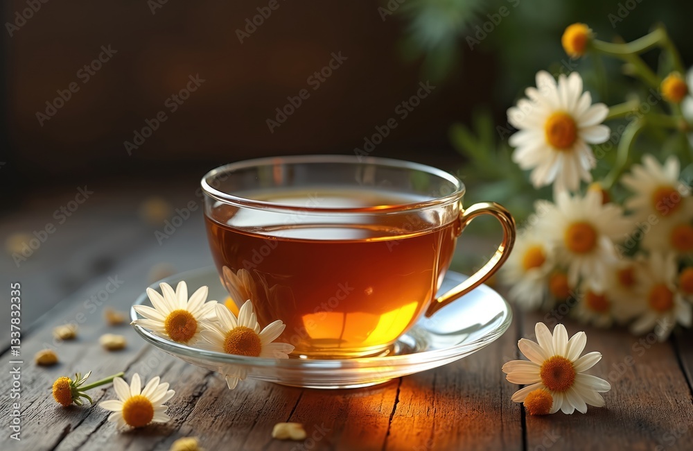 Brewed cup chamomile tea with daisy flowers on wooden table. Herbal drink calms and promotes wellness. Hot beverage reduces stress. Cozy tea time in rustic style for relaxation. Brewed cup chamomile tea with daisy flowers on wooden table. Herbal drink calms and promotes wellness. Hot beverage reduces stress. Cozy tea time in rustic style for relaxation.