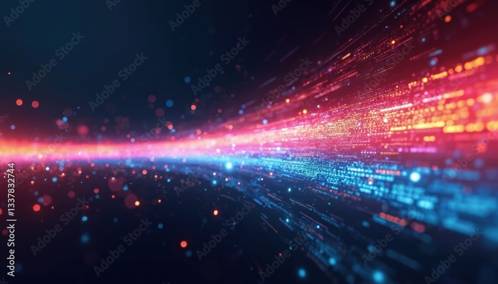 Fototapeta premium Bright glowing lines form abstract optical data stream on dark backdrop. High speed data transmission via fiber optic tech in digital age. Modern broadband communication background.