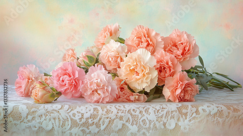 Vibrant bouquet of pink carnations and roses on lace, radiating warmth and heartfelt emotion.