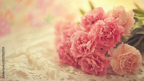 Vibrant bouquet of pink carnations and roses on lace, radiating warmth and heartfelt emotion.