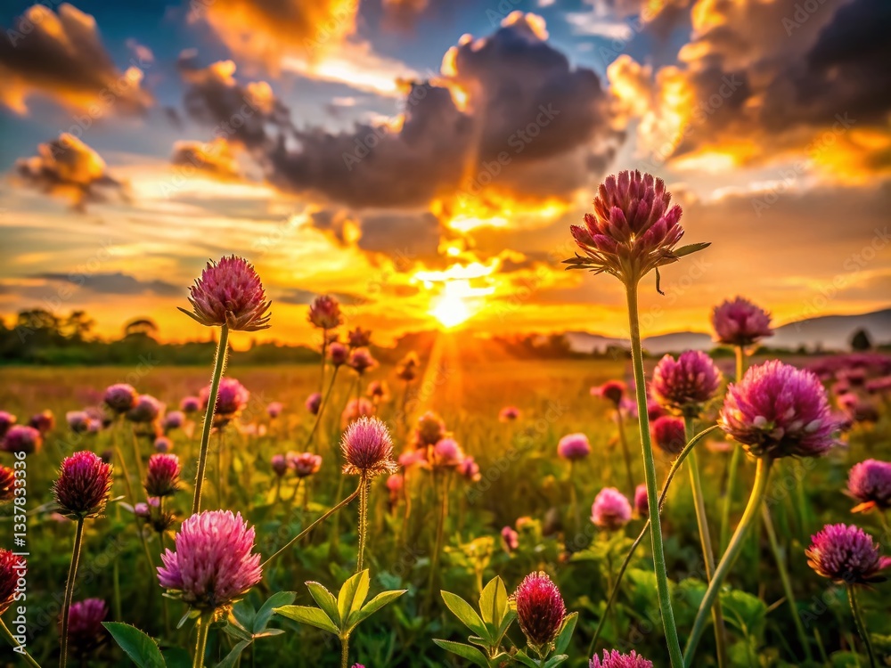 Fototapeta premium Silhouetted Clover Meadow at Sunset: Spring Flowers & Grass