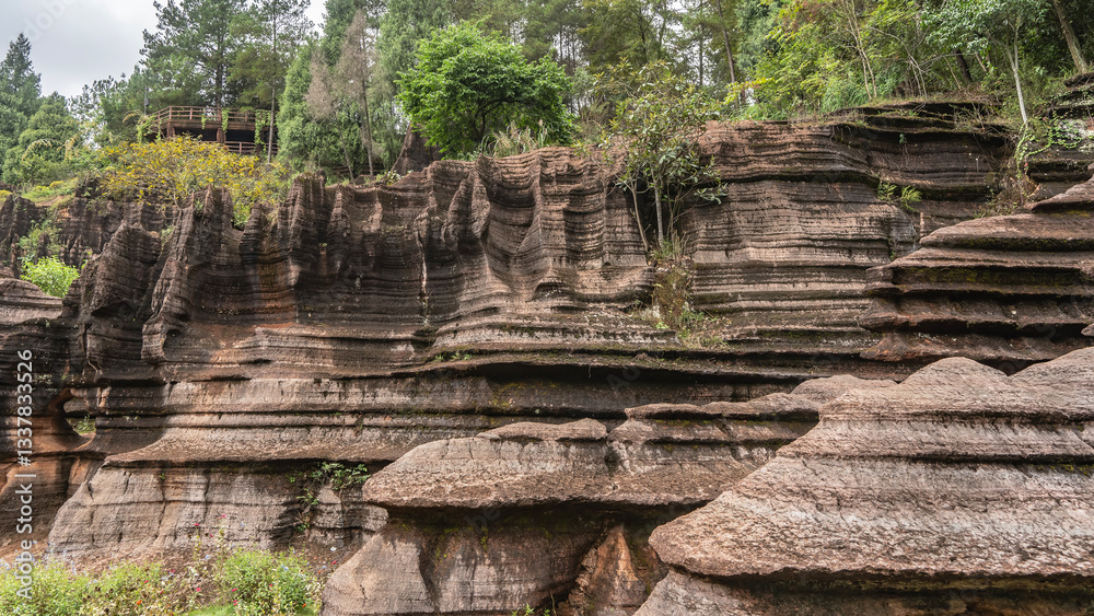Fototapeta premium Amazing red-brown karst rocks. Steep layered slopes with a wavy surface. Green vegetation on the cliffs and in the valley. An observation deck in the distance. China. Red Stone Forest National Geopark