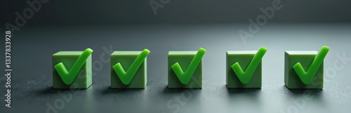 Green check marks symbolize completed tasks, achievements in business setting. Confirm task done, project objective reached. Concept of feedback, approval, performance, accomplishment, workplace,