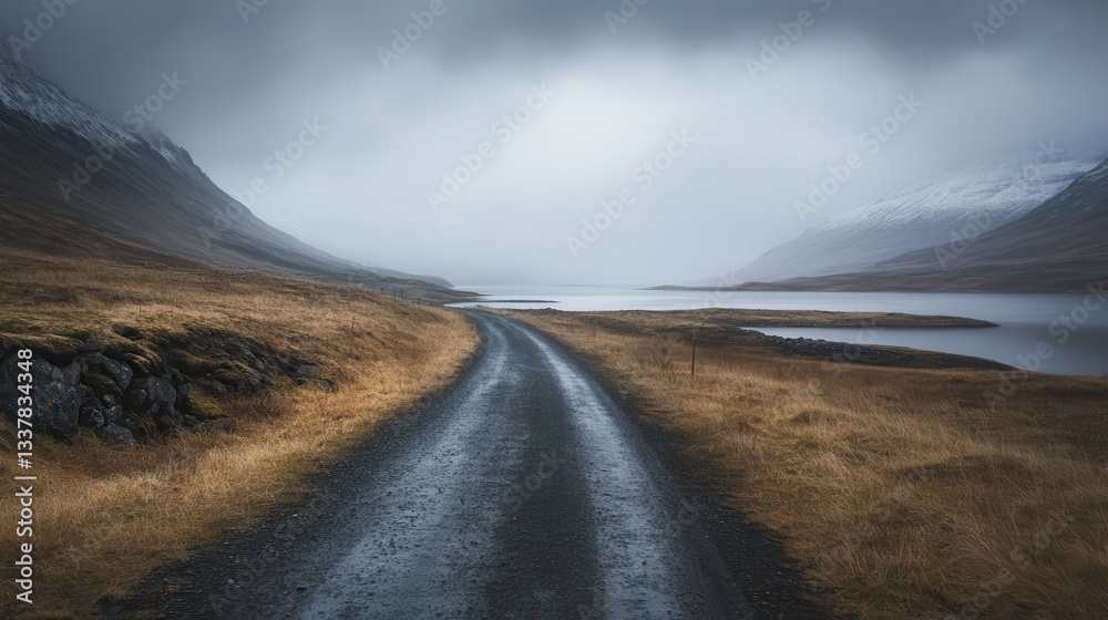 Fototapeta premium Misty Icelandic road, mountains, lake, autumn