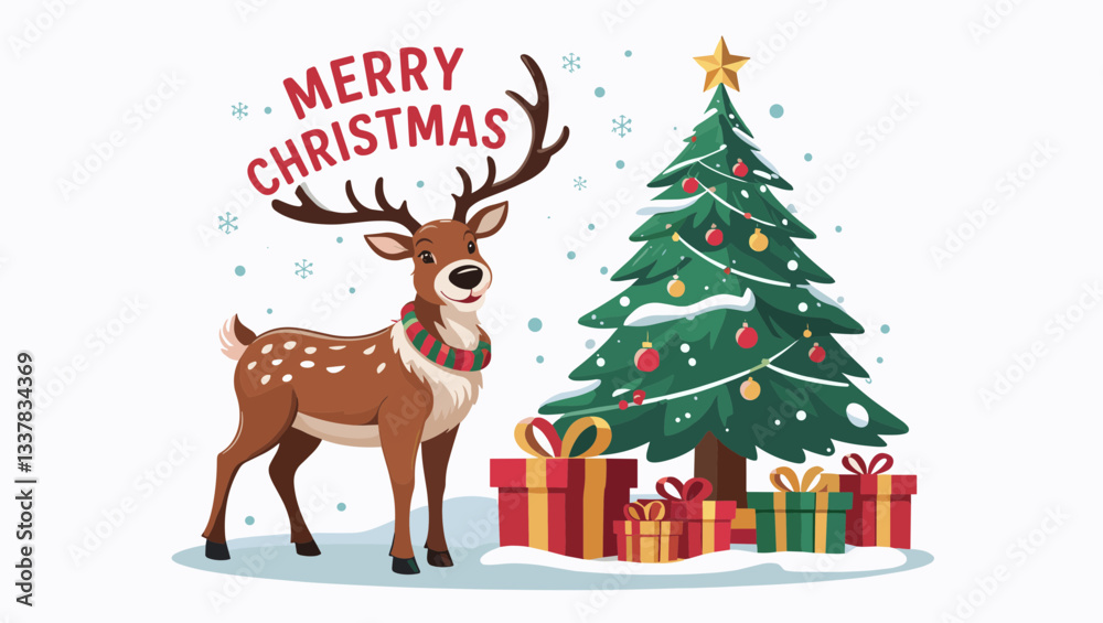 A festive illustration featuring a reindeer beside a decorated Christmas tree and presents, with A festive illustration featuring a reindeer beside a decorated Christmas tree and presents, with