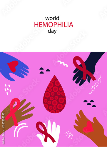World hemophilia day banner. Infographic concept with hands holding  blood drop and red ribbon.  WHD 2025 Campaign. Hand draw vector flat illustration for banner, poster.