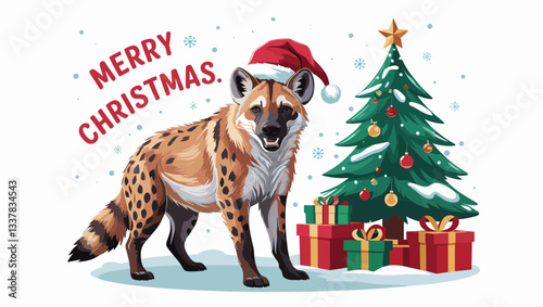 A festive hyena wearing a Santa hat stands next to a decorated Christmas tree and colorful gifts, spreading holiday cheer with a "Merry Christmas" message.