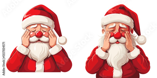 Two Santa Claus figures expressing different emotions, one with a worried expression and the other appearing stressed, both in traditional red attire.