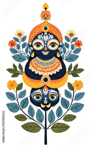 Jagannath Baladev Subhadra in a symmetrical papercut style, showcasing their divine forms with traditional Orissan motifs, isolated on a white background.