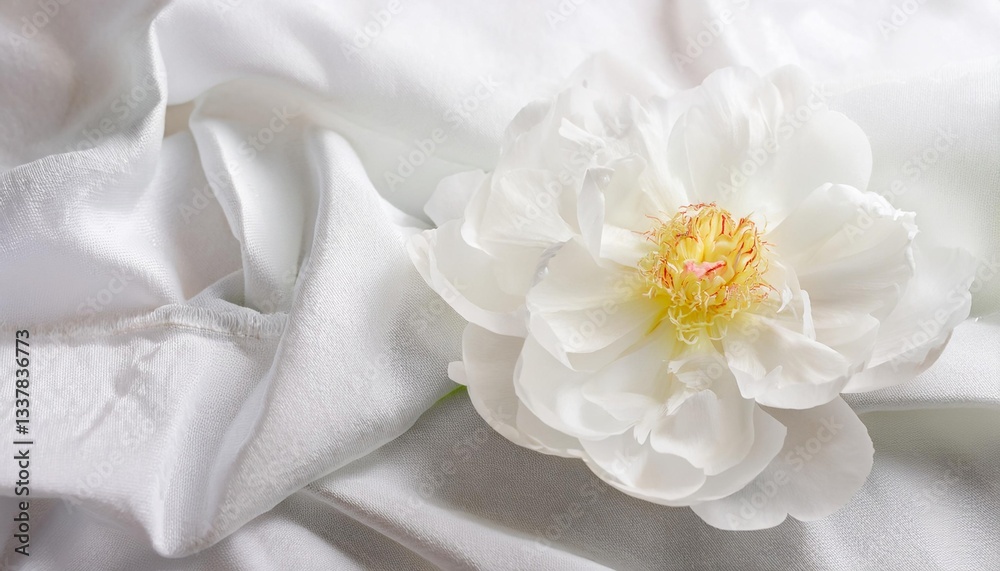 Obraz premium White Peony Flower on a Draped Soft White Silk Fabric