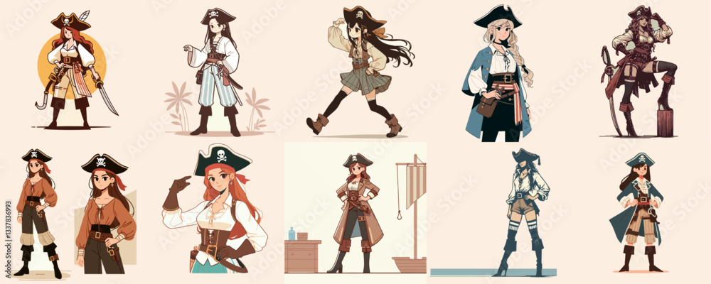 Naklejka premium cartoon illustration of a girl pirate captain
