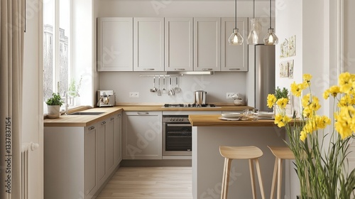 Modern, compact kitchen with light gray cabinets and a wooden countertop.  Bright, airy space with pops of yellow