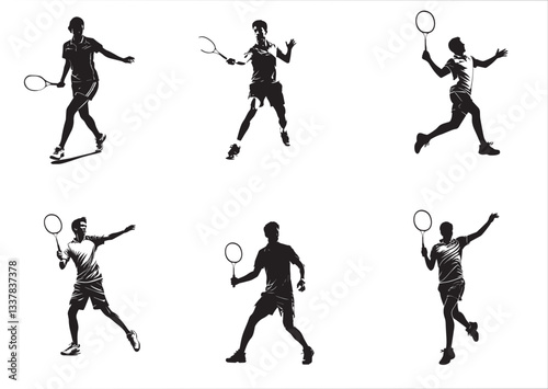 Dynamic Badminton Player Silhouettes – Black and White Sports Illustration