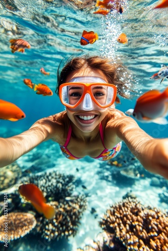 Many tropical fish swim next to her. A lovely and sexy happy mixed-race young woman with medium hair in a swimming mask and fins snorkeling among the corals. Bright commercial style image.