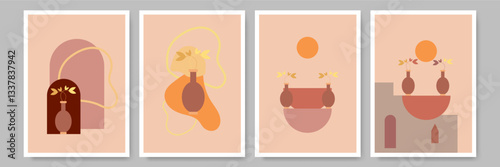 Set of fashion posters abstract woman vase with a plant