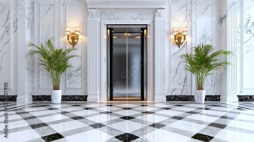Elegant Marble Lobby with Checkerboard Floor and Lush Greenery in Modern Building
