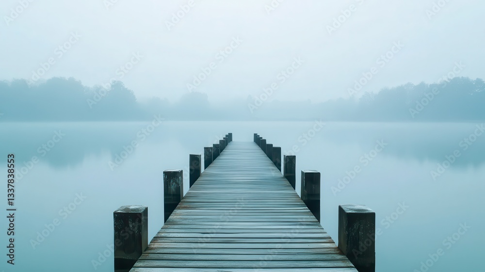 Fototapeta premium Misty lake, wooden pier, tranquil scene, serene background, meditation