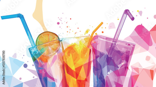 Close-up image of three colorful cocktails in glasses with straws.  The cocktails are depicted in bright, vibrant colors: teal, orange, and purple. A lime wedge is visible in one of the glasses.