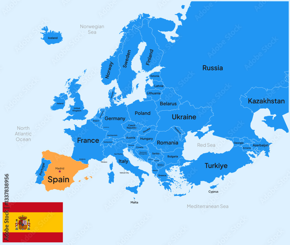 Obraz premium Map of Spain, Europe, with country name, capital, border, and flag