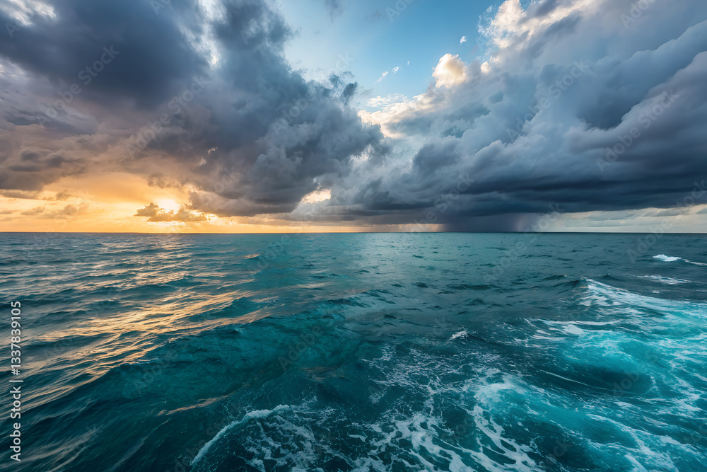 Obraz premium A breathtaking ocean sunset scene with golden rays piercing through dramatic clouds, reflecting on the rippling waves, creating a serene yet powerful atmosphere.